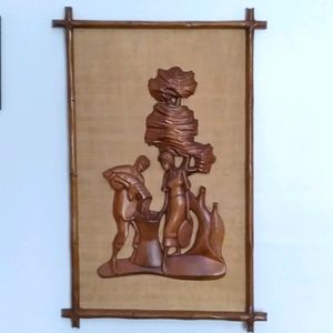 Vtg MCM Witco Style Carved Wood Wall Hanging Asian Boho
